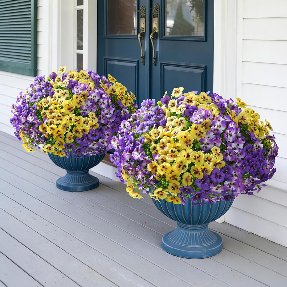 Ivydale 20 Pcs Artificial Fake Pansy Flowers for Outdoors Spring Decor, Faux Silk Pansies UV Resistant Plants for Front Door Porch Yard Patio Window Box Home Decor (Purple Yellow Gradient Purple)