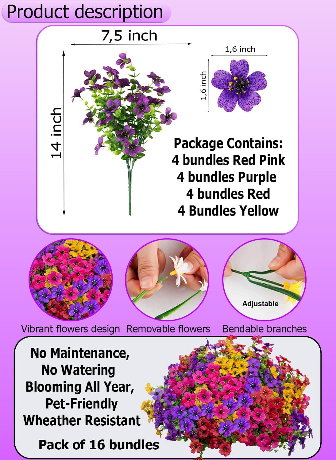AXYLEX Artificial Flowers for Outdoors Fake Plants - 16 Bundles Faux Outside Greenery Boxwood UV Resistant Plastic Shrubs Decor (Mixed)