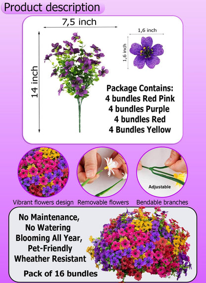 AXYLEX Artificial Flowers for Outdoors Fake Plants - 16 Bundles Faux Outside Greenery Boxwood UV Resistant Plastic Shrubs Decor (Mixed)