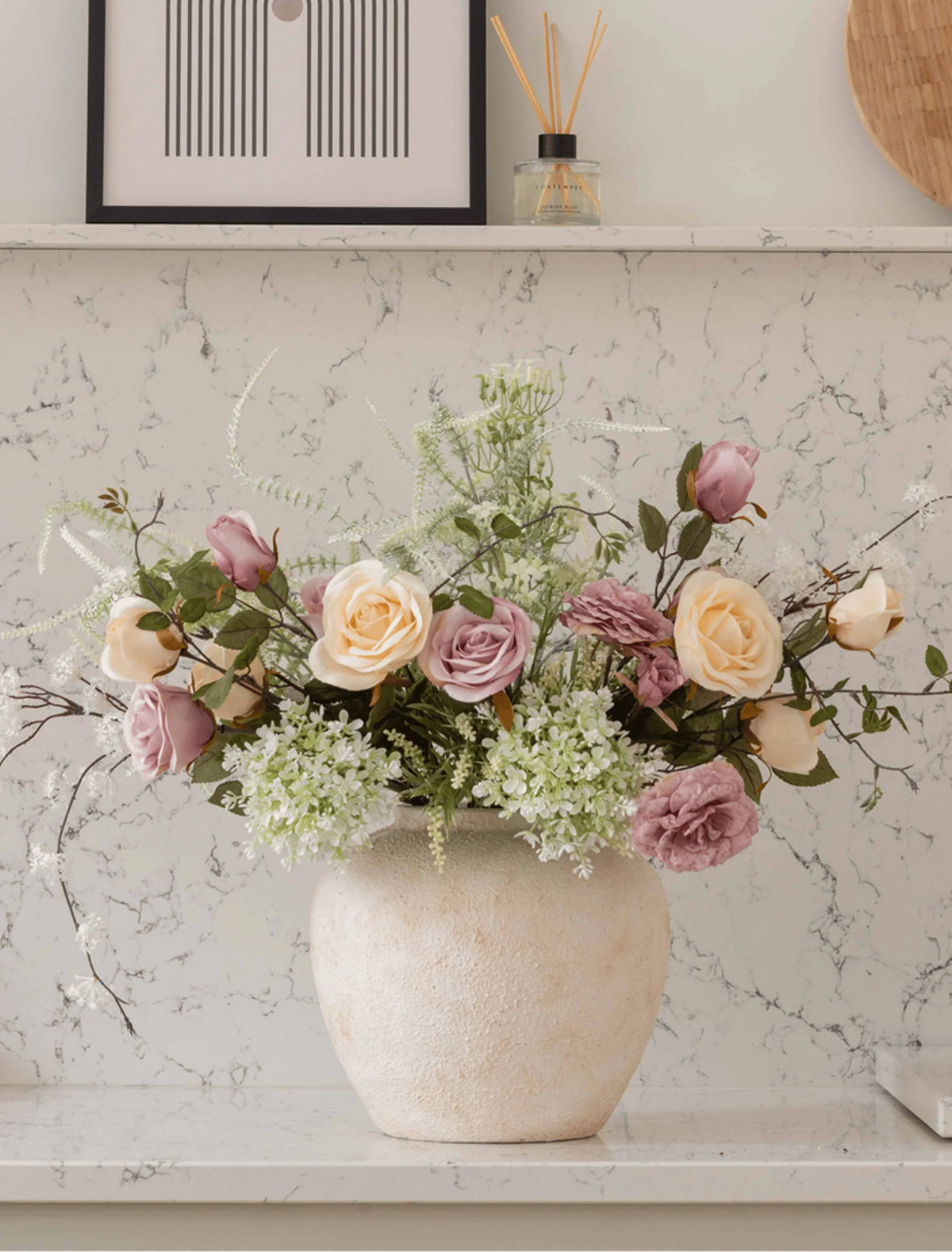 Faux Spring Floral Arrangement - Blush and Peach Roses with Wispy Foliage