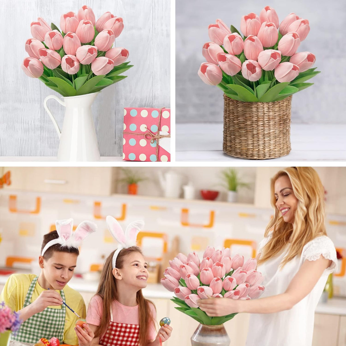 Ouddy Decor 30 Pcs Pink Tulips Artificial Flowers Real Touch PU Faux Flowers Fake Tulips Stems for Spring Summer Bouquet Floral Room Table Party Wedding Easter Mothers Gifts Home Decorations