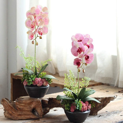 Artificial Flower Waterproof Faux Orchids Plastic Leaves Artificial Phalaenopsis Flowers with Porcelain Vase Artificial Flowers Decoration Beautiful Shape,