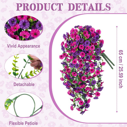 Artificial Hanging Petunia Flowers for Outdoor, 4 Pcs Fake Plants Long Vine Morning Glory Eucalyptus, UV Resistant Realistic Faux Greenery Indoor and Outdoor Patio Porch Garden Spring Summer Decor, Purple