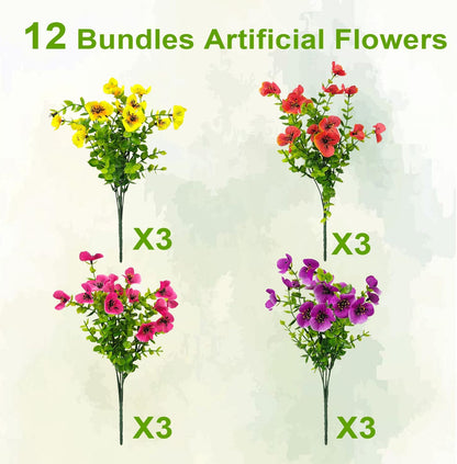 Pansies Artificial Flowers for Outdoors 12 Bundles Fake Silk Pansy Faux Plastic Plants UV Resistant for Home Outside Garden Planter Front Door Porch Yard Patio Decor (Multicolor)
