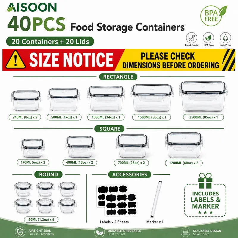 40-Piece Rectangular Plastic Kitchen Food Storage Set - 20 Bases & 20 Lids, Airtight & Leakproof