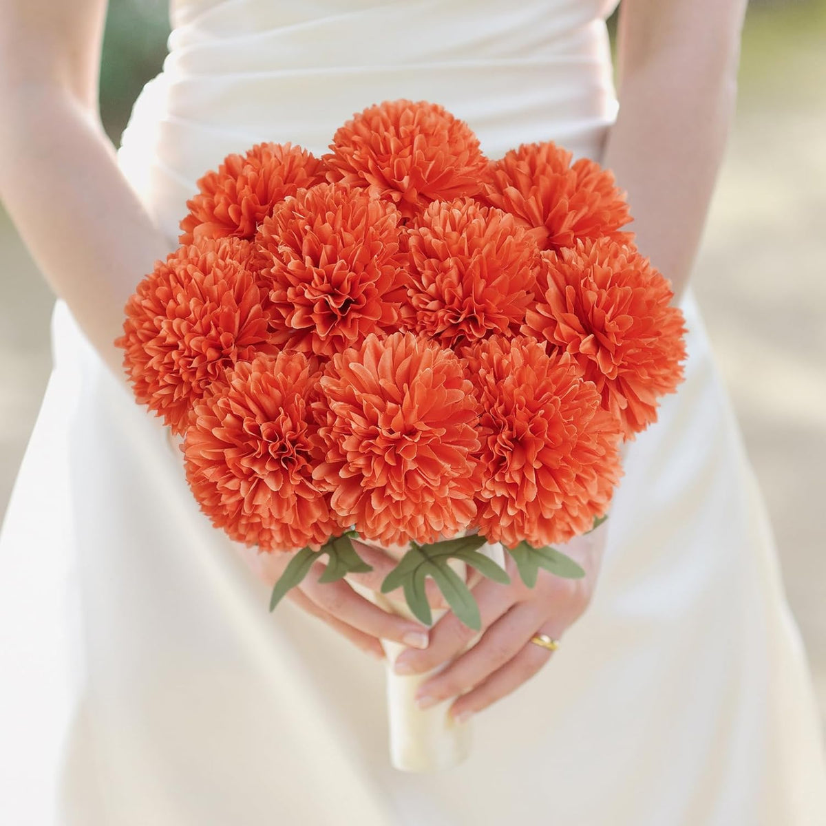 BonBloom's Artificial Chrysanthemums Flowers, 10 Pcs Realistic Large Faux Mums Chrysanthemums Ball Silk with Stems for Autumn Easter Home Floral Arrangement Table Centerpiece (Orange)