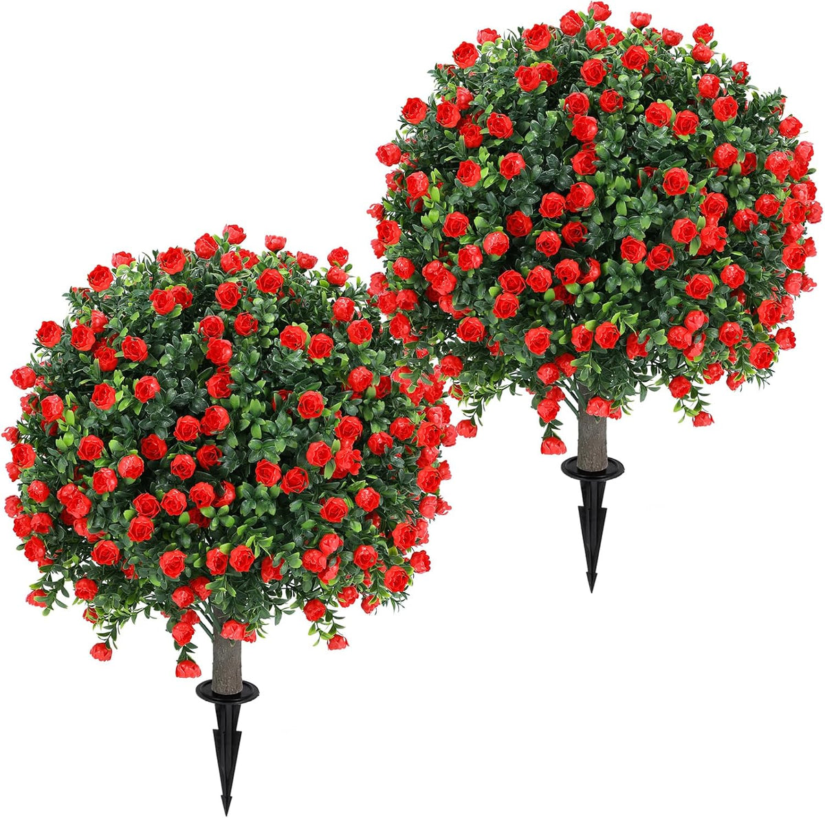 Artificial Red Rose Topiary Ball Tree 25" with Ground Spike, Set of 2 Artificial Boxwood Bushes for Faux Shrubs, Fake Evergreen Faux Plant for Indoor Outdoor Porch Garden -UV Resistant–Fade-Proof
