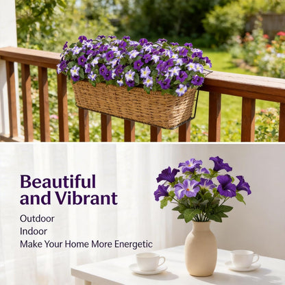 Artificial Flowers for Outdoors, 10 Bundles Realistic Fake Outdoor Flowers, UV Resistant Silk Petunia Flower for Outside Look Real Faux Flower Plants for Outdoor Porch Decor, Purple White