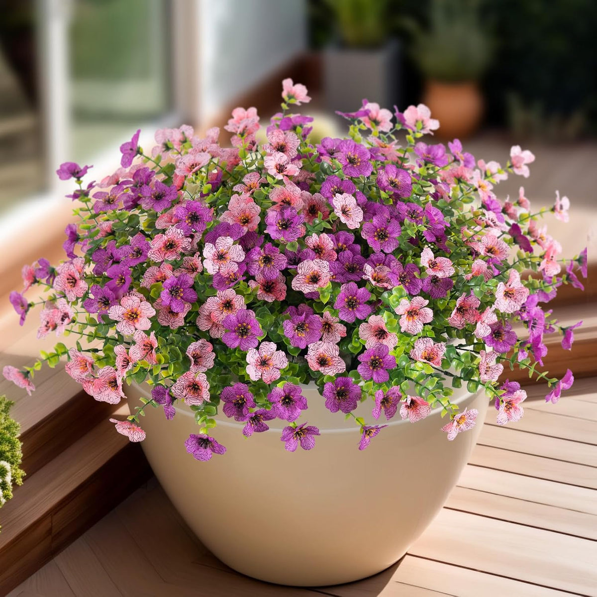 Ammyoo Artificial Fake Plants Flowers for Outdoor Spring Decor, 12 Bundles Faux Silk Mums for Planter Pot Colorful UV Resistant Look Real for Front Door Porch Patio Outside Yard(Purple Pink)