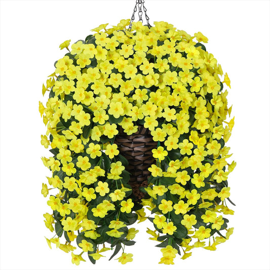 HyeFlora Artificial Fake Hanging Outdoor Flowers Plants Basket, Faux Silk Yellow Daisy Flowers UV Resistant Realistic Hanging Planter Orchid Vines for Outside Porch Patio Home Garden Yard Decoration