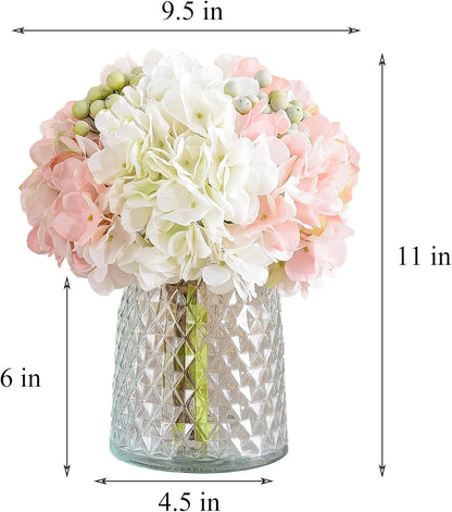 Hydrangeas Floral Arrangement in Glass Vase, Fake Flowers Silk Hydrangea Artificial Flowers with Vase for Home Office Decoration, Dining Table Centerpiece(Pink)