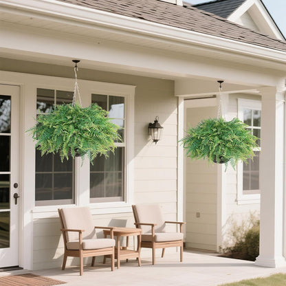 Artificial Ferns Plants with Hanging Basket-2 Set for Outdoor Decoration, Fake Boston Fern Hanging Planters Faux Greenery UV Resistant for Front Porch Patio Garden Farmhouse Home Decor (Green)