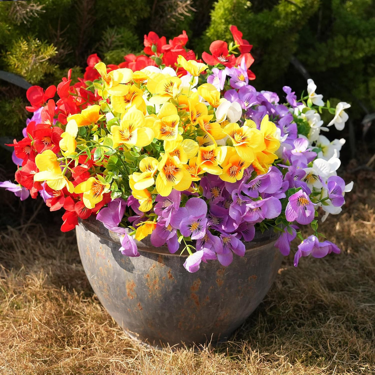 Artificial Flowers for Outdoor, UV Resistant Fake Silk Pansies Flowers, Realistic Faux Plants for Outside Indoor Porch Patio Window Box Planter Home Decor (16, Yellow Purple White Red)