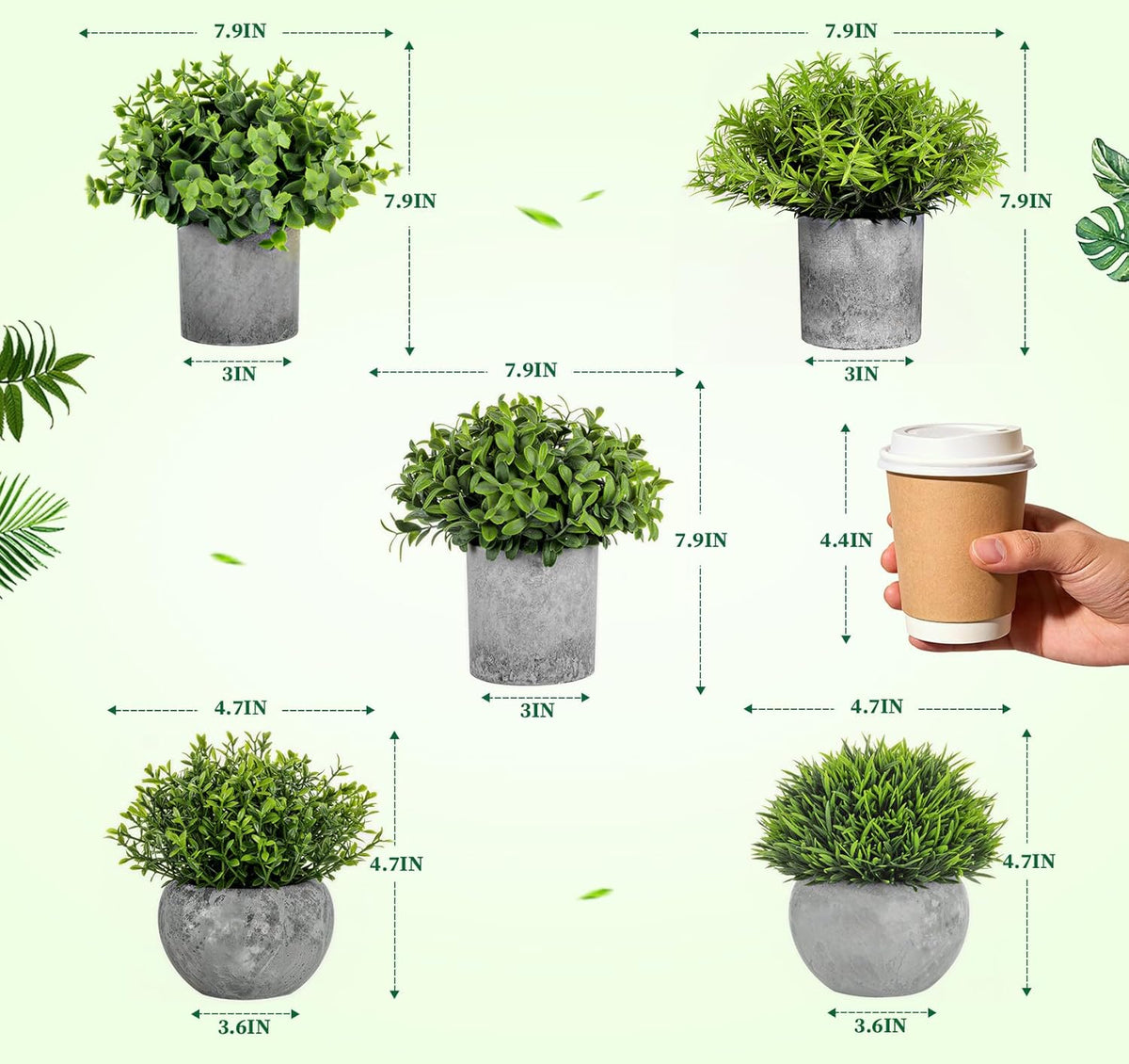 Lemonfilter Small Fake Plants, 5 Pack Mini Potted Artificial Eucalyptus Plant Greenery Plastic Fake Plants Faux Plant for Table Shelve Bathroom Kitchen Rustic Farmhouse Indoor Decor