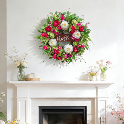 24 Inch Spring Summer Wreath with Pink Peony, Tulip, White Rose and Hello Wooden Sign