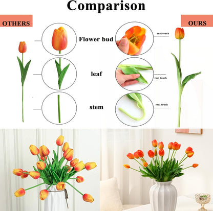 Artificial Flowers 20 Pcs Fake Tulips Real Touch, Faux Latex Tulips Flowers with Gift Box Soft Faux Tulips Bouquets Arrangements for Party Wedding Home Room Decoration (Orange)