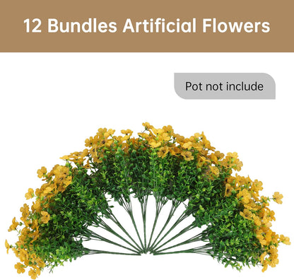 Artificial Faux Flowers Plants for Outdoors Outside Spring Summer Decoration, 12 Bundles Realistic Fake Flowers Plant Greenery Silk Daisy UV Resistant Planters Balcony Porch Patio Garden Home（Yellow）