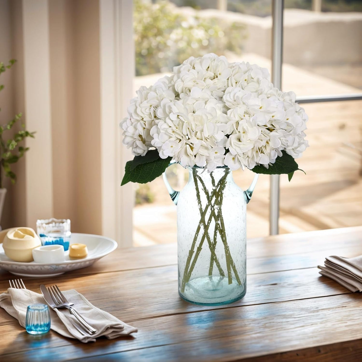 6 Pcs White Hydrangea Artificial Flowers Silk Fake Hydrangeas with Stems for Wedding and Home Decor