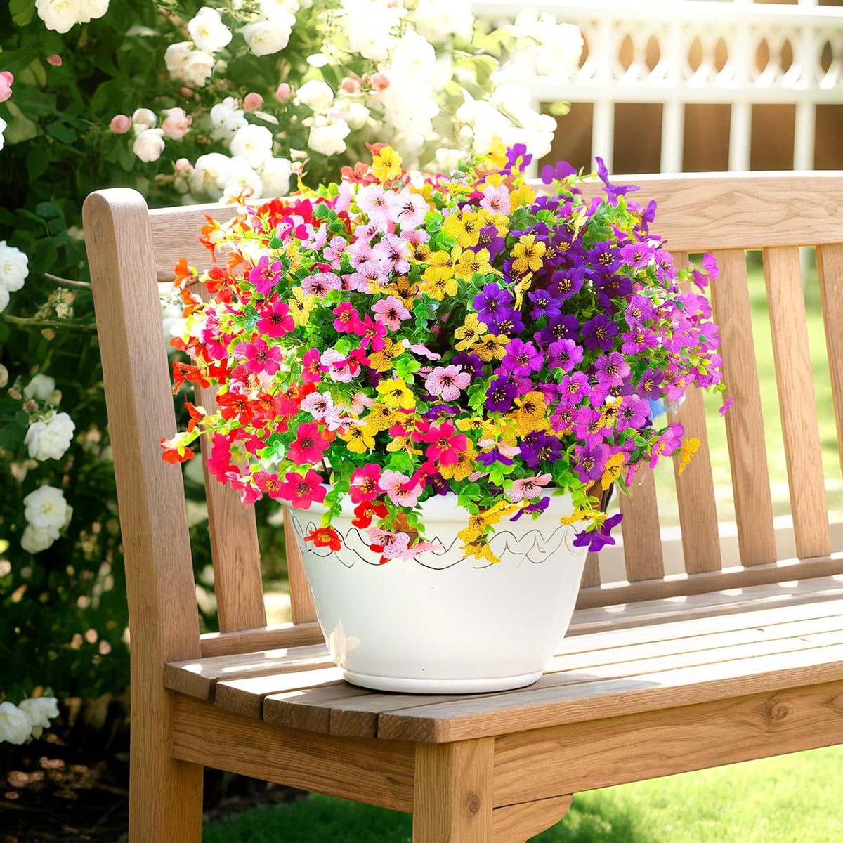 Artificial Flowers for Outdoors, Faux Flowers Daisy with Eucalyptus Leaves for Indoor Garden Home Decoration, UV Resistant Artificial Flower Fake Plants for Porch Patio, 12 Bundles (6 Multicolor)