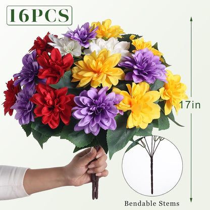 VIERENA 16 Bundles Artificial Dahlia Flowers for Outdoors Spring Summer Decor, No Fade Silk Flower Faux Dahlias Plant Arrangement for Home Garden Balcony Farmhouse（Mixed Color）