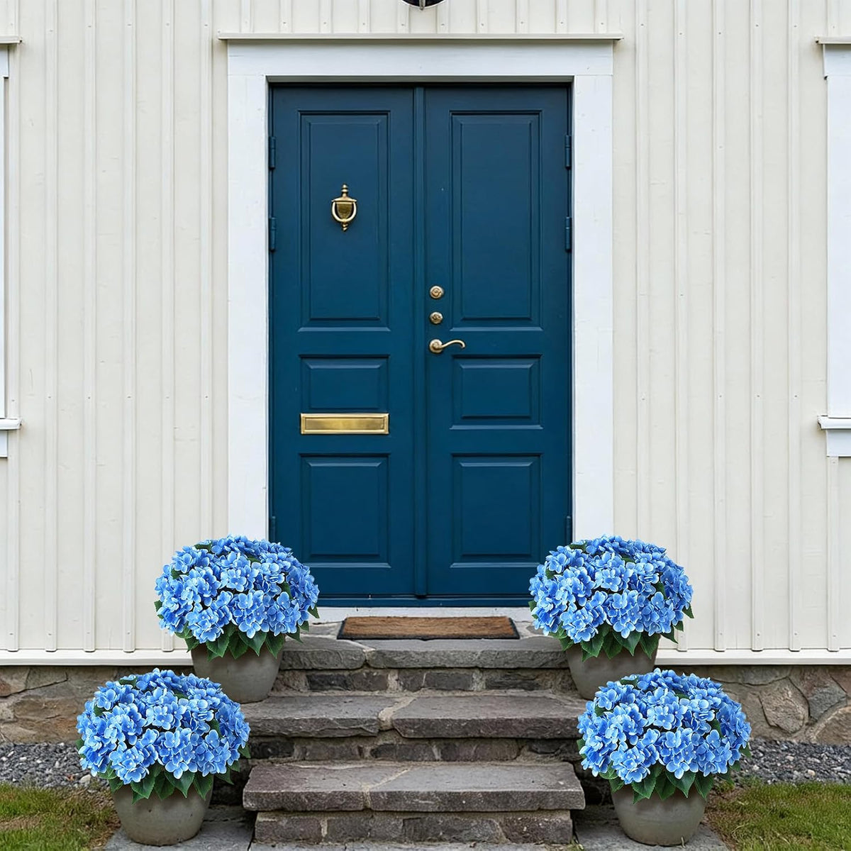 Artificial Hydrangea Flowers for Outdoor Decor, Realistic Faux Silk Bouquets Sun-Resistant Fake Plants for Front Door Balcony Farmhouse Garden Home Spring Summer Decor (Blue)