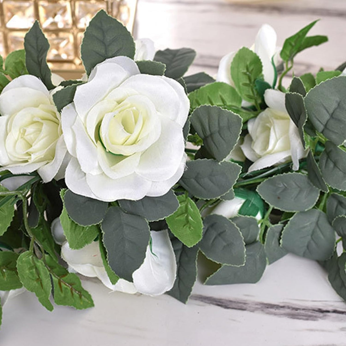 Flower Garland Rose Vine 4Pcs 28FT Artificial Floral Garland with Green Leaves Hanging Rose Vine for Wedding Party Garden Home Wall Decor (White)