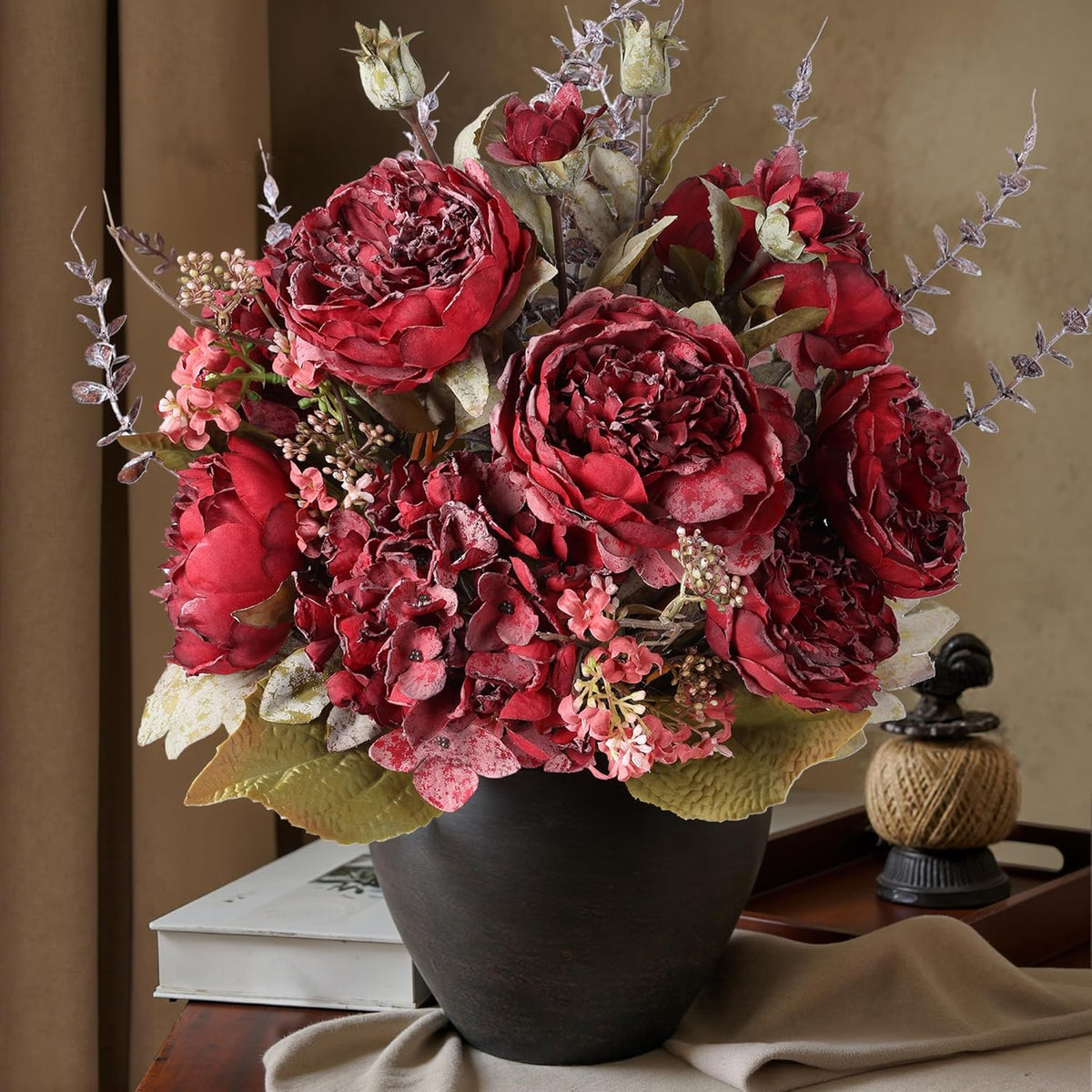 Ivydale Peony Artificial Flowers Bouquet 17.7" Faux Silk Arrangements Fake Peonies Plants Bulk Look Real Dining Table Centerpieces for Home Kitchen Wedding Party Decor, No Vase (Red)