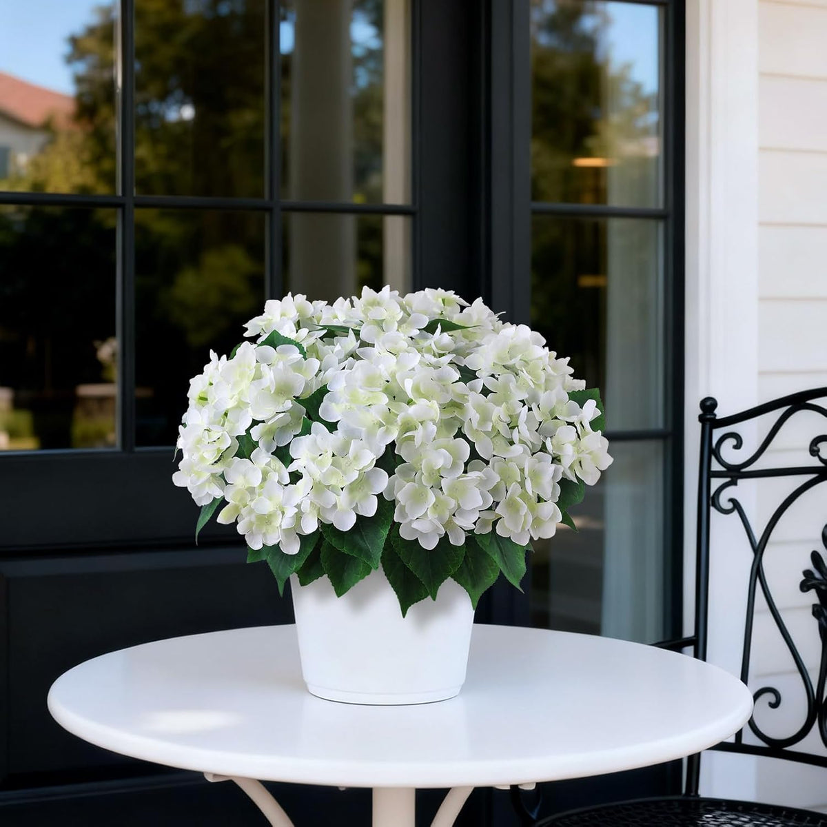 Artificial Hydrangea Flower Topiary Trees - 2 Sets Faux Silk Flower Potted Plant, UV Resistant Fake Outdoor Hydrangea Bush for Front Door, Farmhouse, Garden, Porch Decor (White)