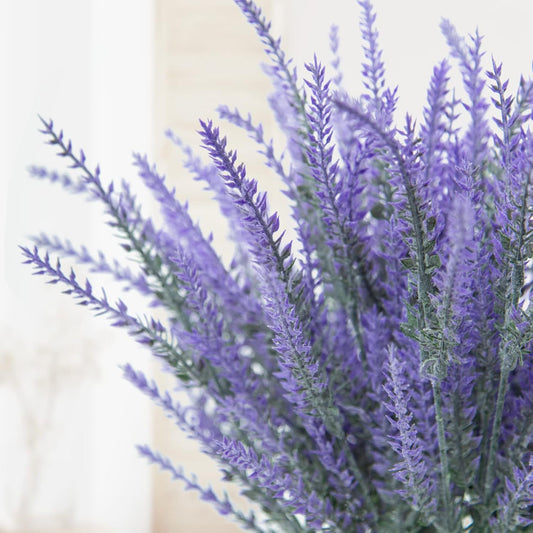 Ouddy Decor 24 Bundles Artificial Lavender Fake Flowers Faux Plastic Plants for Home Wedding Kitchen Garden Patio Window Box Office Table Centerpieces Indoor Outdoor Decor, Gray Purple