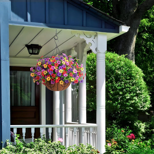 Artificial Faux Hanging Plants Flowers Basket for Spring Outdoor Decoration, Fake Silk Daisy UV Resistant Look Real with Eucalyptus Leaves Summer Outside Decor for Home Patio Garden