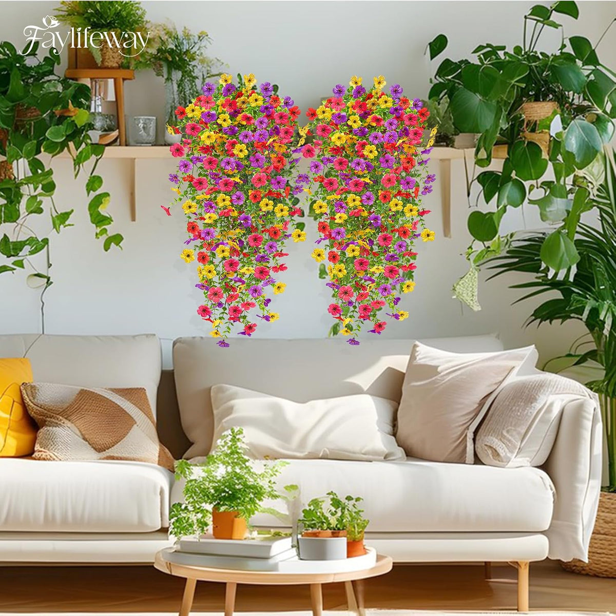 Artificial Hanging Flowers for Outdoors, 4 Pcs UV Resistant Artificial Outdoor Flowers, Silk Flowers for Outside Patio Porch Front Yard Window Garden Indoor Decor (Spring Color, 4 Pcs)