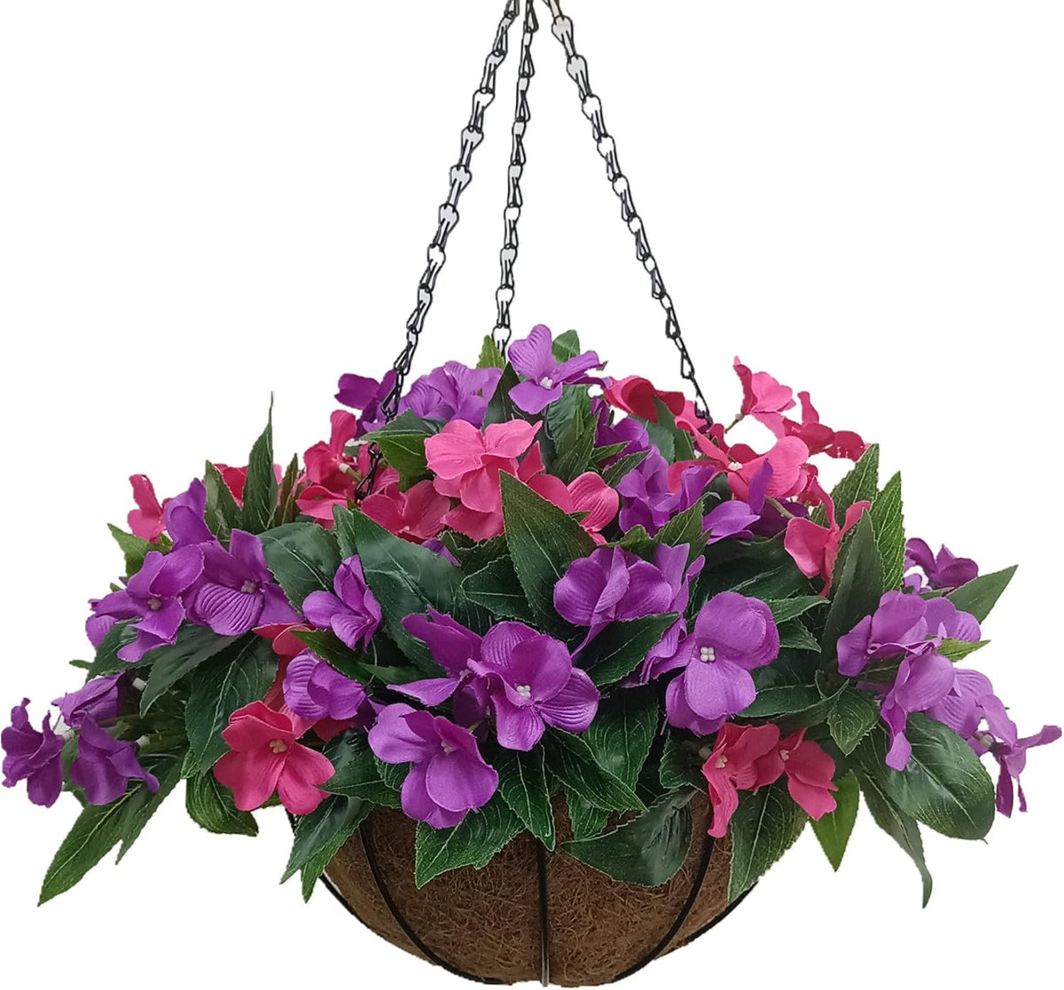 Flo Set of Hanging Basket Artificial Impatiens Flowers Purple and Pink for Balcony Decoration (Big Basket and Artifiical Flowers) Flo