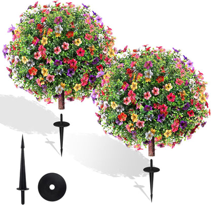 Set of 2 Artificial Boxwood Topiary Ball Trees, 27.5" UV Resistant Faux Evergreen with Ground Spikes