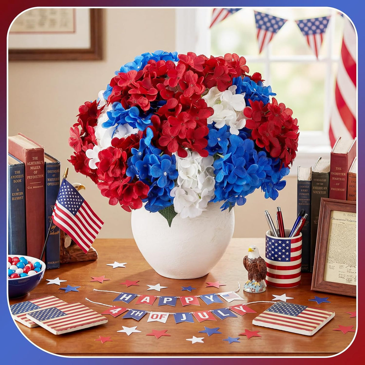 Blue Red and White 6 Bundles Hydrangea Artificial Flowers Bulk 30 Heads 20" Faux Fake Hydrangea for Spring Easter Decor Porch Indoor Outdoor Home Garden Wedding Table Centerpieces