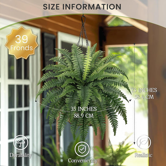 FOREST PRINCE 35" Fake Ferns, 4 Large Artificial Bonston Ferns Bushes Plants with 39 Fronds for Outdoors Garden Patio Porch Entrance Low Maintain Home Decor