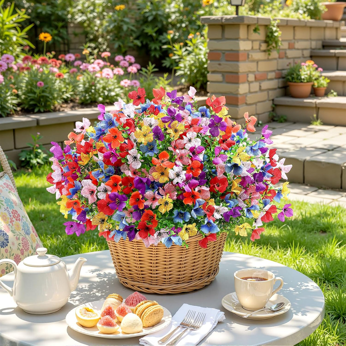 SHareconn 20 Bundles Artificial Flowers Outdoors Decoration, Fake Silk mums Eucalyptus Realistic UV Resistant Faux Plants for Outside Indoor Planter Porch Yard Home Spring Decor, Mix 8 Colors