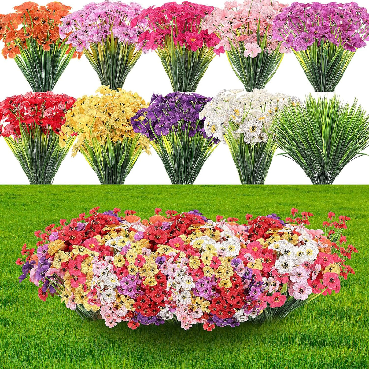 Lyrow 100 Bundles Violet Artificial Flowers, UV Resistant Faux Flowers Outdoor, Faux Silk Flowers, Fake Violet Flowers Bulk for Front Porch Hanging Garden Courtyard Farmhouse Home(Classic Colors)