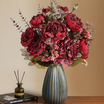 Ivydale Peony Artificial Flowers Bouquet 17.7" Faux Silk Arrangements Fake Peonies Plants Bulk Look Real Dining Table Centerpieces for Home Kitchen Wedding Party Decor, No Vase (Red)