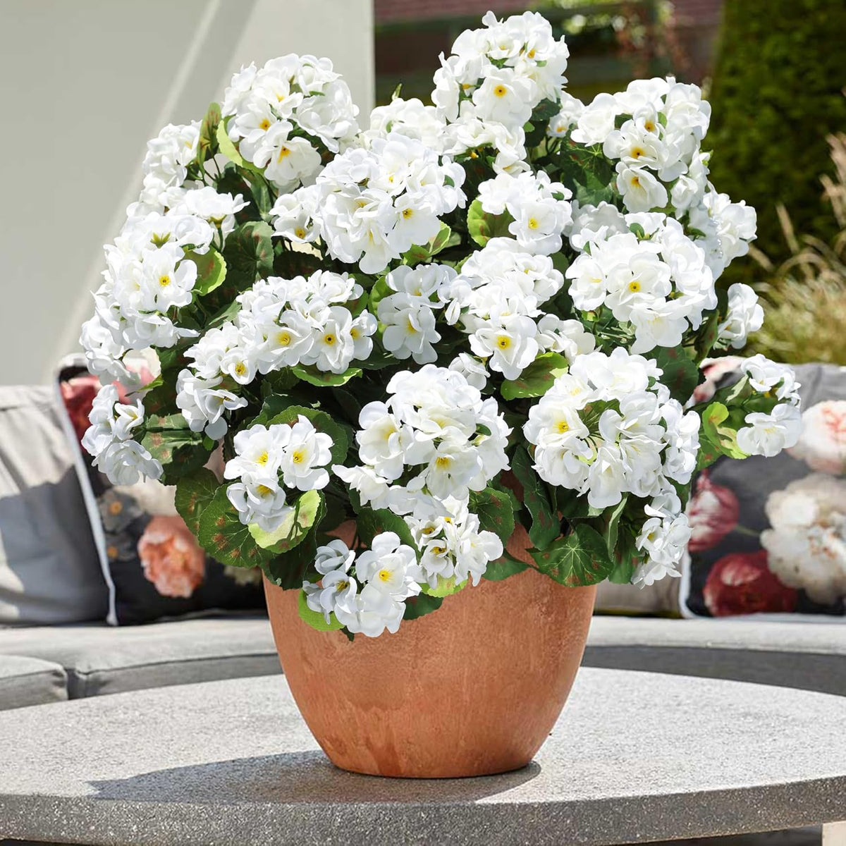 Artificial Geranium Fake Flowers for Outdoors Decoration, 6 Bundles Silk Geraniums White Flower UV Resistant Look Real Faux Plants for Front Door Garden Porch Planter Patio Balcony Yard Indoor Home