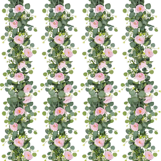 TOCHGREEN 2 Pack 13Ft Artificial Eucalyptus Flower Garland with Pink Roses, Fake Rose Flower Greenery Garland Floral Vines for Wedding Home Party Table Runner Decor (4PCS, Pink)