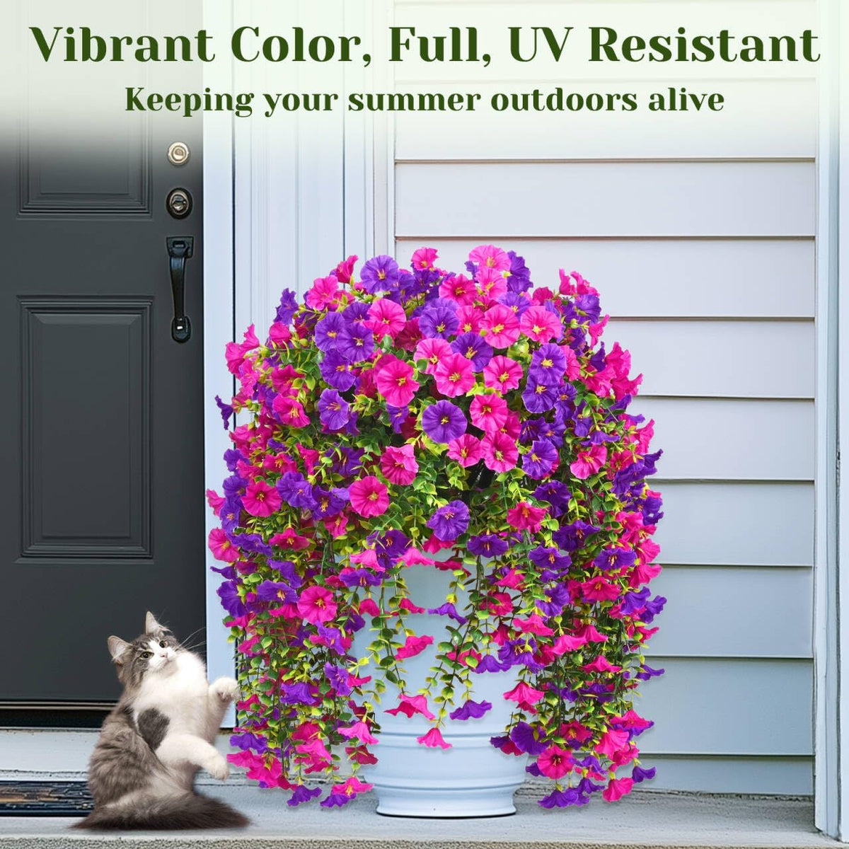 Dolicer 2 Packs Look Real Artificial Flowers for Outdoors, Fake Artificial Hanging Flowers for Outdoors Realistic UV Resistant Hanging Flowers Silk Petunia Faux Flowers for Porch Patio(Purple+Fuchsia)
