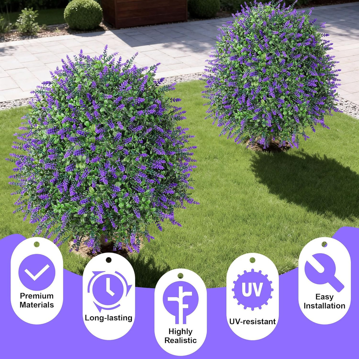 26" Artificial Boxwood Topiary Trees with Lavender Flowers 2 Pack Fake Plants for Outdoor Indoor Artificial Shrubs with Metal Ground Spike UV Resistant Fake Bushes for Front Porch Garden, Purple