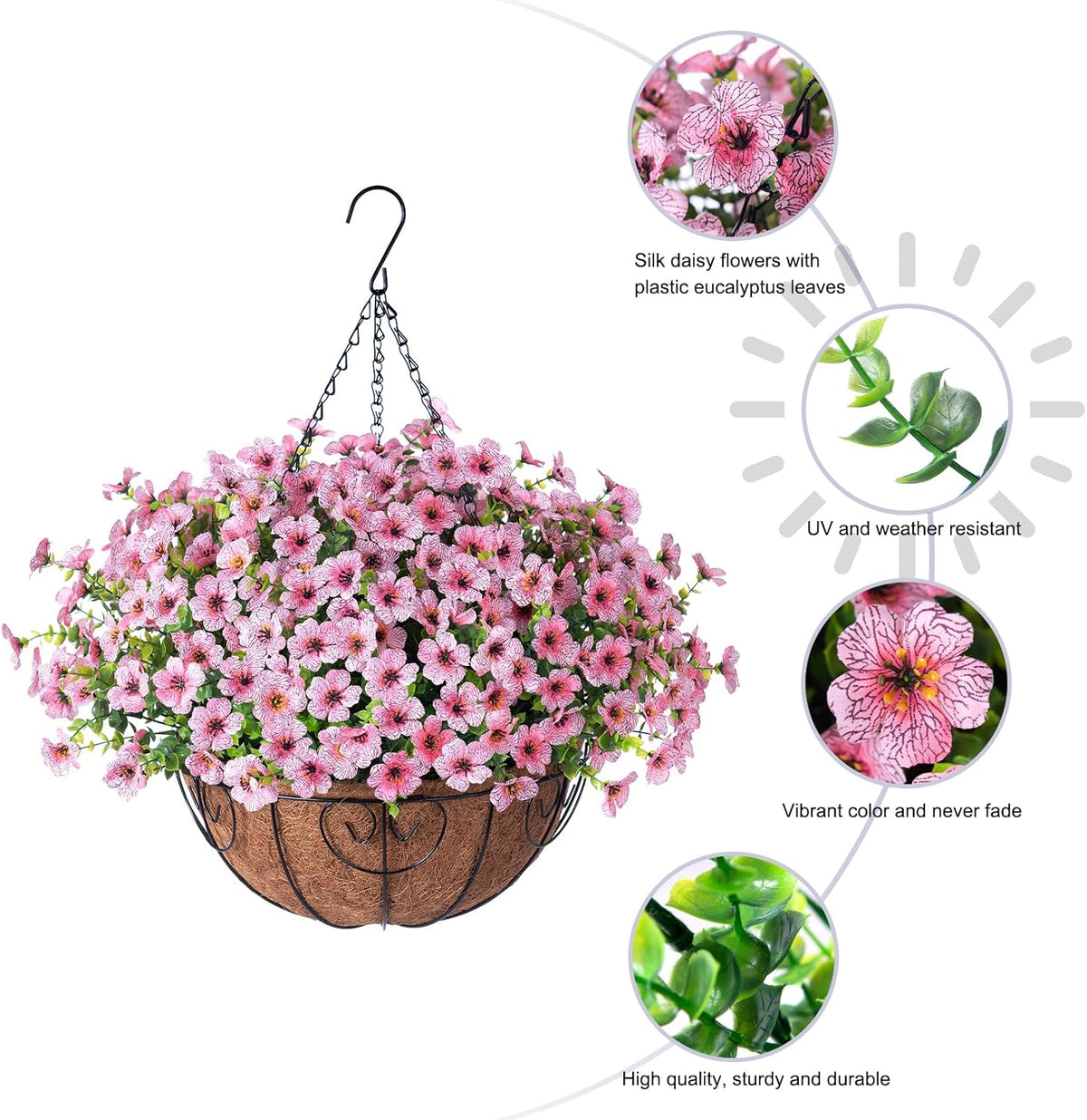 HyeFlora Artificial Fake Hanging Plants Flowers with Basket Outdoor Spring Decor, Faux Silk Pink Daisy in Pot Planter Realistic UV Resistant for Porch Home Indoor Patio Balcony Garden Yard