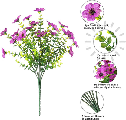 HyeFlora Artificial Faux Outdoor Flowers Plants for Summer Outside Decoration, 14 Bundles Fake Silk Colorful Daisy Ferns UV Resistant Realistic for Front Door Porch Planter Patio Yard