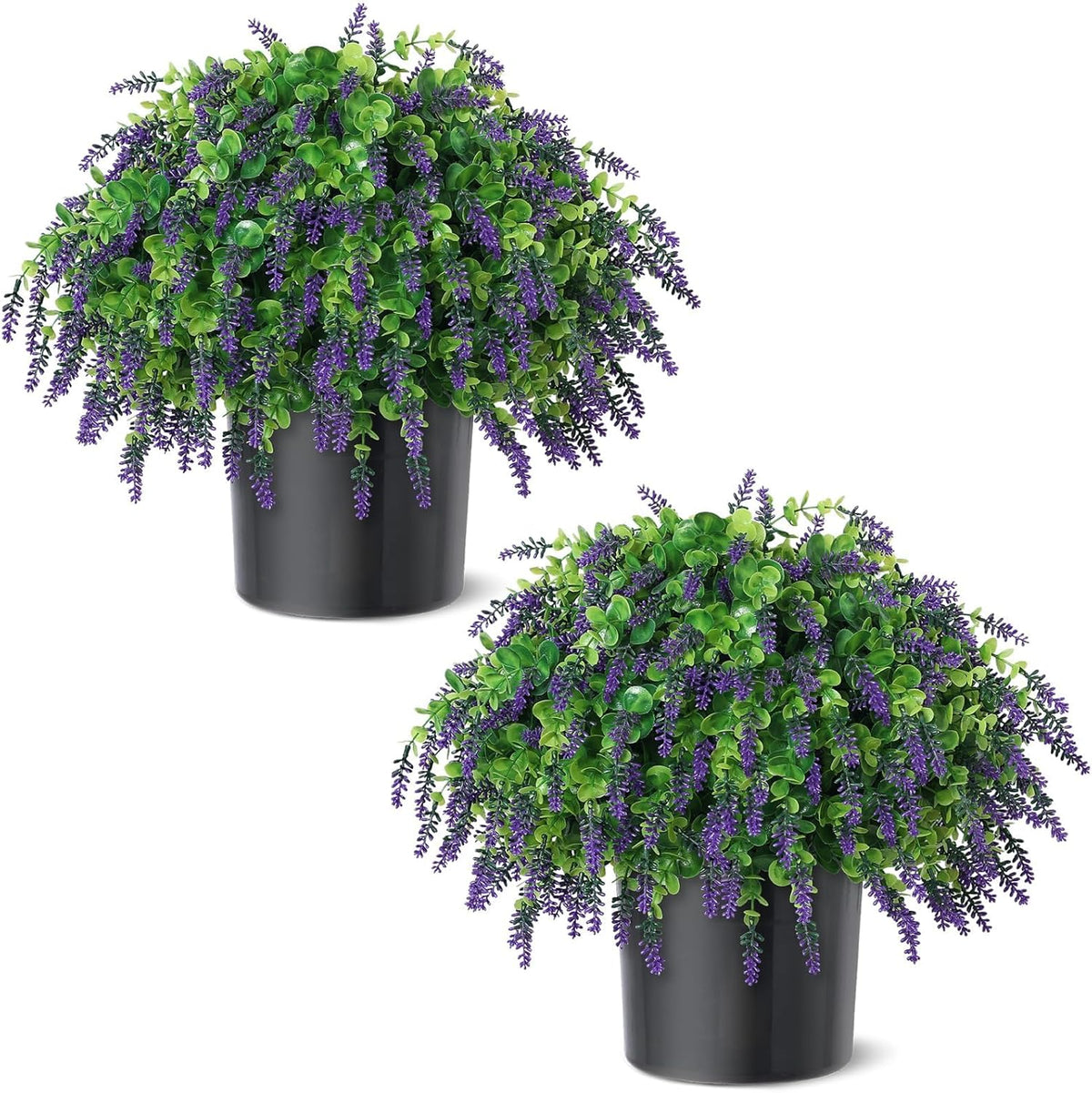Artificial Eucalyptus & Lavender Topiary Ball Tree for Front Door - Set of 2 Topiary Trees with Pots, UV Resistant Faux Bushes Potted Plants for Porch Garden Farmhouse Outdoor Decoration