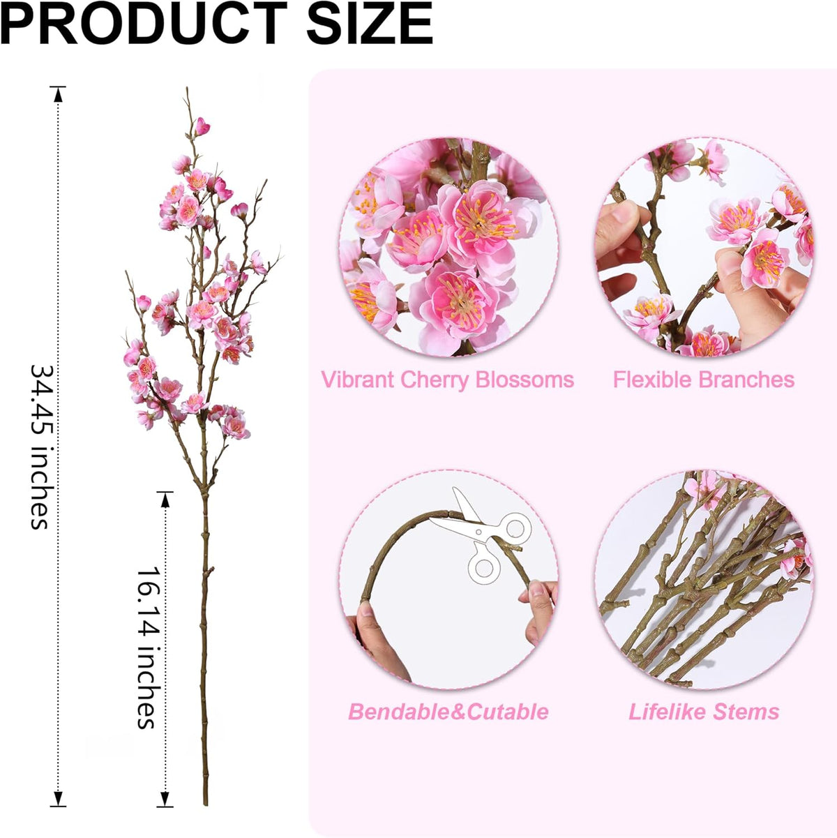 6 PCS Artificial Cherry Blossom Branches Spring Indoor Decoration, Faux Flowers 34.45" Long Stems Plum Fake Peach Plants Real Touch Silk for Wedding Home Bedroom Party Table Office, Pink
