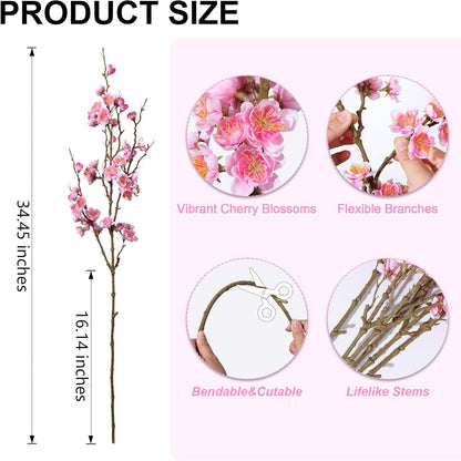 6 PCS Artificial Cherry Blossom Branches Spring Indoor Decoration, Faux Flowers 34.45" Long Stems Plum Fake Peach Plants Real Touch Silk for Wedding Home Bedroom Party Table Office, Pink