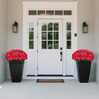 18" Artificial Geraniums Topiary - 2 Set for Front Porch Decor, Faux Silk Flowers Bushes UV Resistant Potted Plants for Outdoor Indoor Door Offices Garden Farmhouse Home Decor (Red)