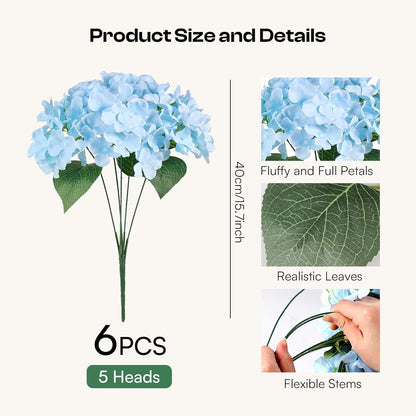 Auihiay 6 Bundles Hydrangea Artificial Flowers for Outdoors and Indoor, Bulk 30 Heads, UV Resistant Faux Hydrangea Flowers for Garden, Porch, Yard, Window Box & Outdoor Wedding Decoration (Blue)