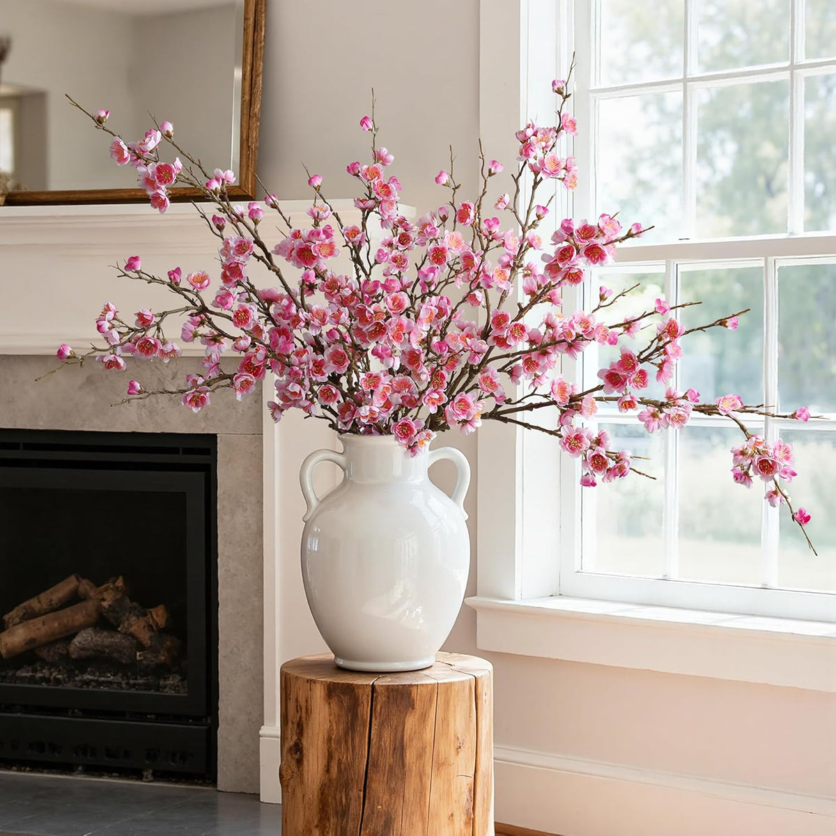 6 PCS Artificial Cherry Blossom Branches Spring Indoor Decoration, Faux Flowers 34.45" Long Stems Plum Fake Peach Plants Real Touch Silk for Wedding Home Bedroom Party Table Office, Pink